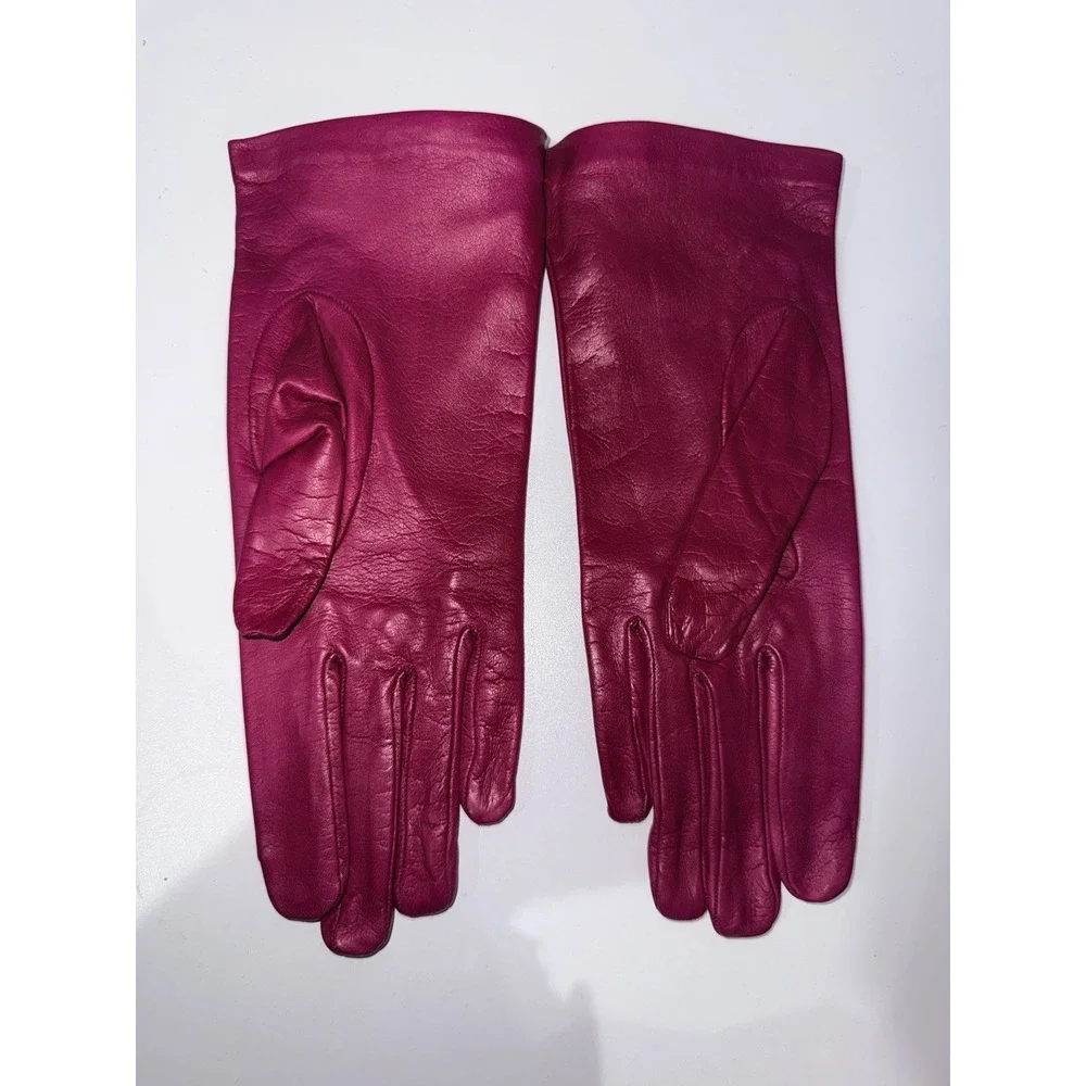 Leather Gloves Hot Pink Vintage Italian Made‎ Gloves 100% Silk Lining Sz 7.5 1